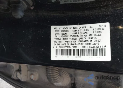2015 Honda Accord Ex from USA, damaged, VIN 1HGCR2F77FA267627